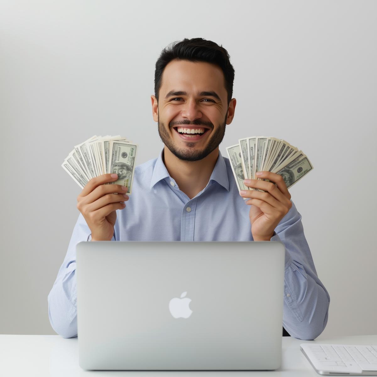 man smiling having money his hands while his laptop infront of him