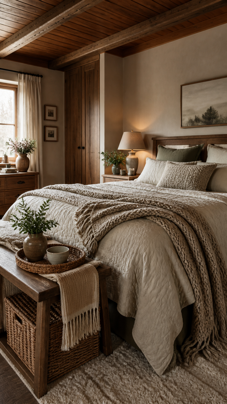 Earthy cottage bedroom with layered neutral bedding