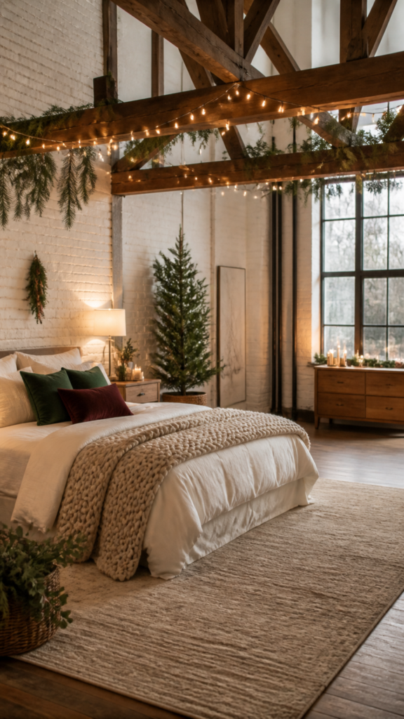 Festive loft bedroom with subtle winter accents