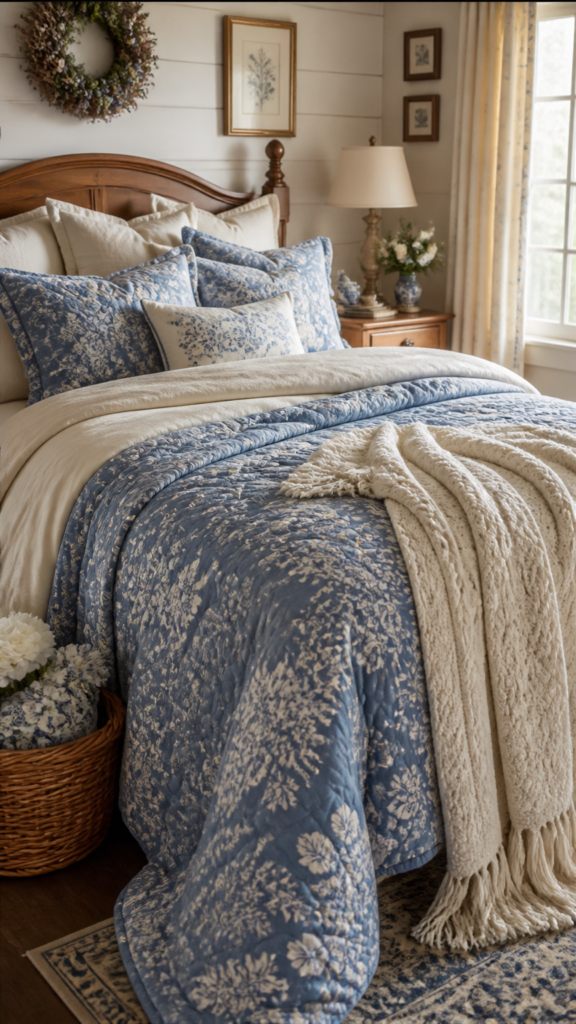 Classic blue cottage bedroom with layered winter bedding