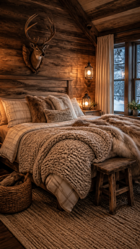 Winter cabin bedroom with chunky textured throw