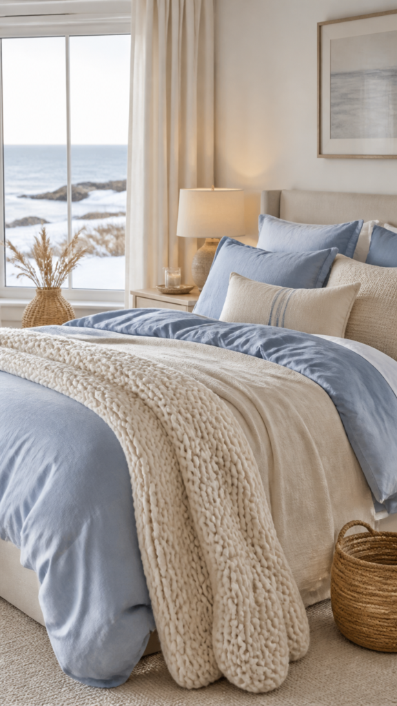 Soft coastal winter bedroom with blue, ivory, and natural textures
