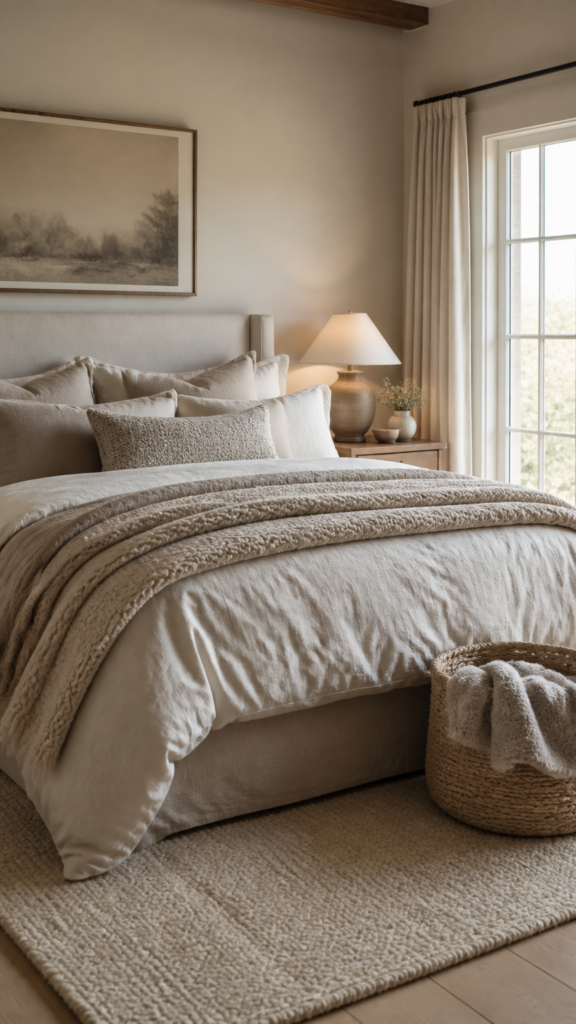 Soft winter neutral bedroom with cream layered bedding