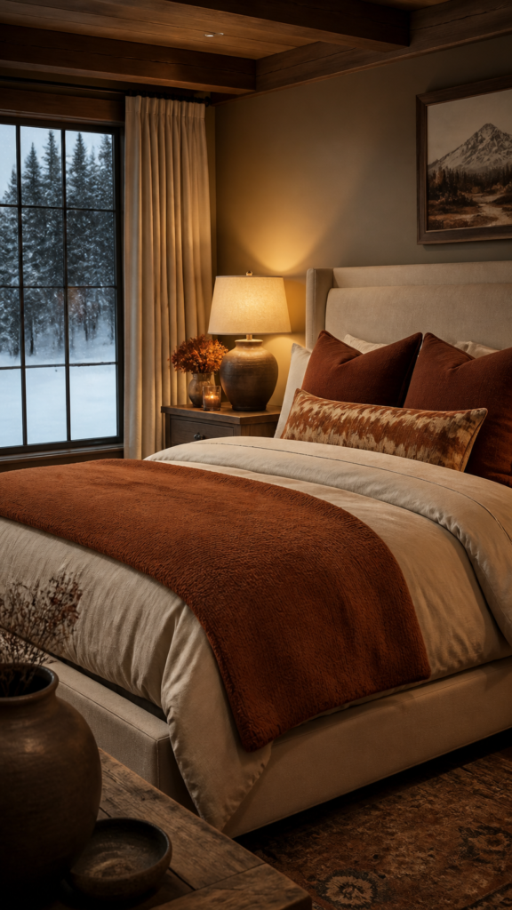 Autumn glow bedroom with warm rust and terracotta accents