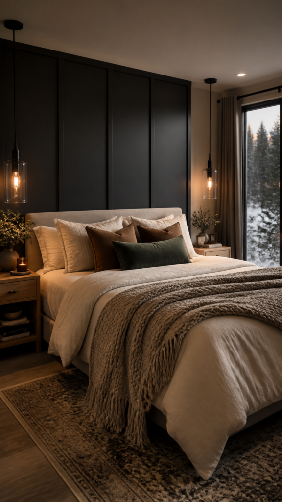 Modern warm contrast bedroom with dark accent wall