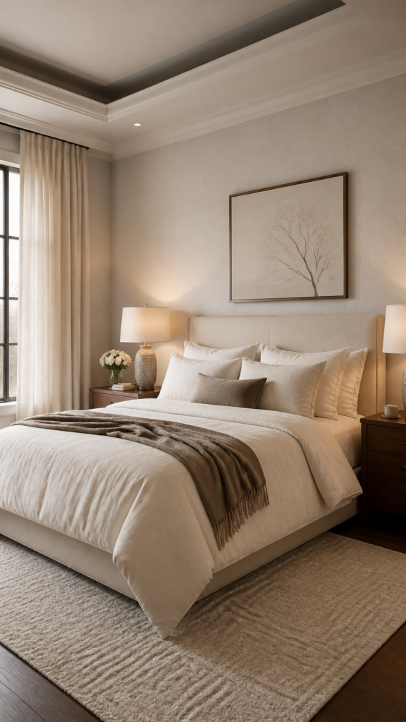Minimal luxe bedroom with neutral bedding and soft textures