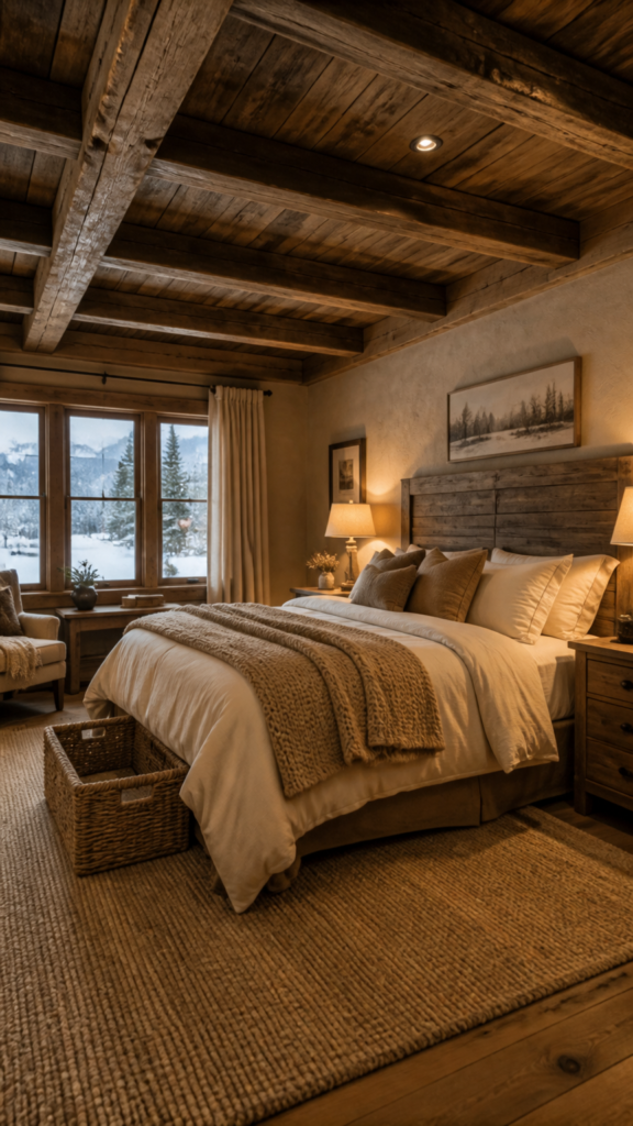 Rustic beam bedroom retreat with warm wood and cozy bedding