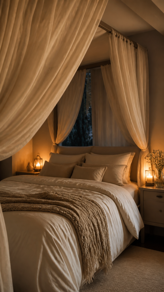 Draped candlelight bedroom haven with soft fabrics and warm lighting