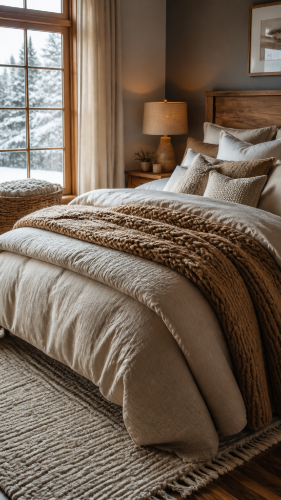 Warm neutral layered bedroom with textured bedding