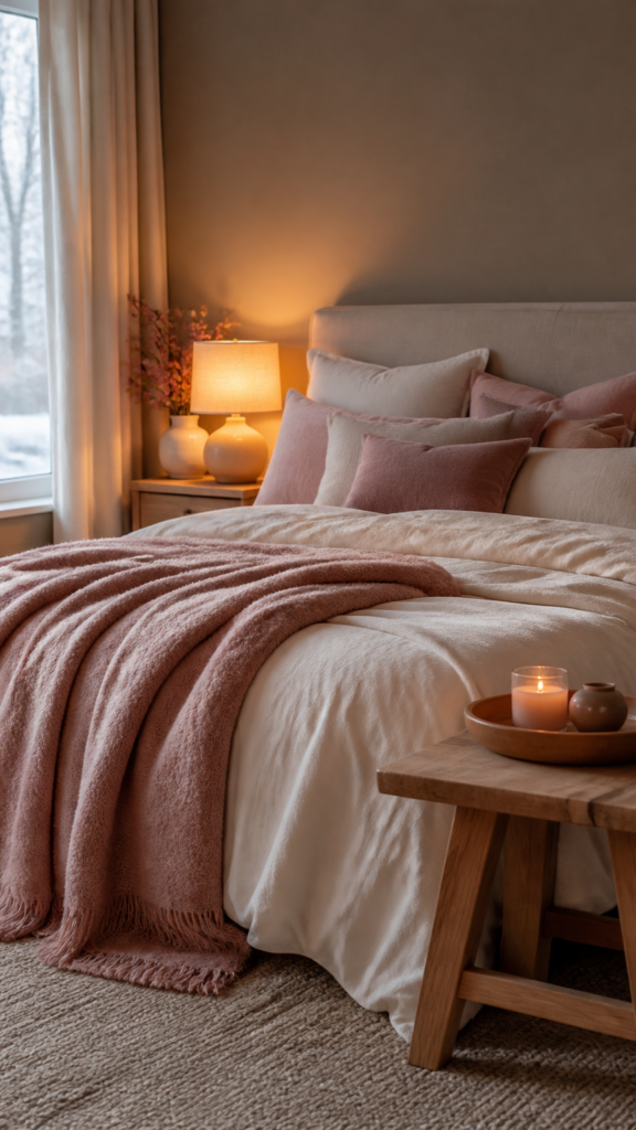 Soft pink winter bedroom with blush bedding and warm lighting