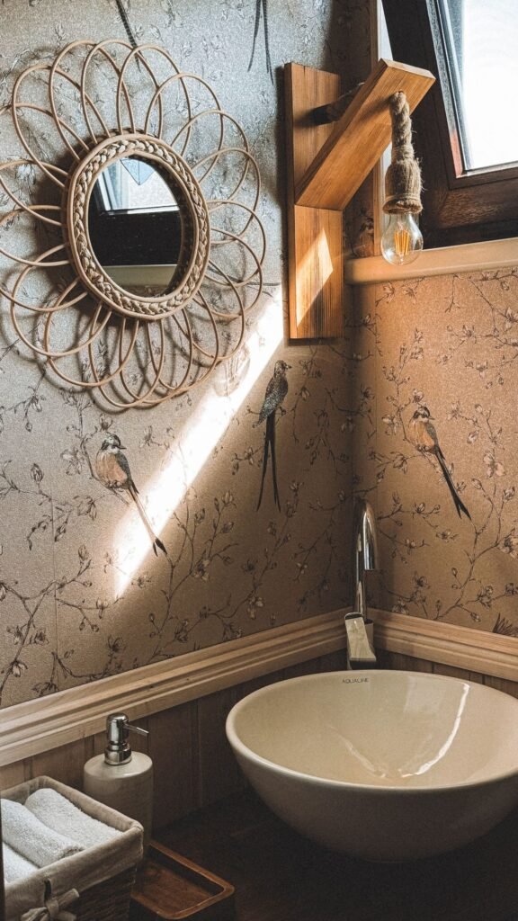 Rustic farmhouse bathroom with wicker mirror