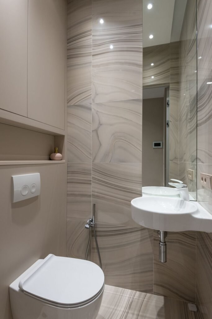 Neutral beige bathroom with mirror