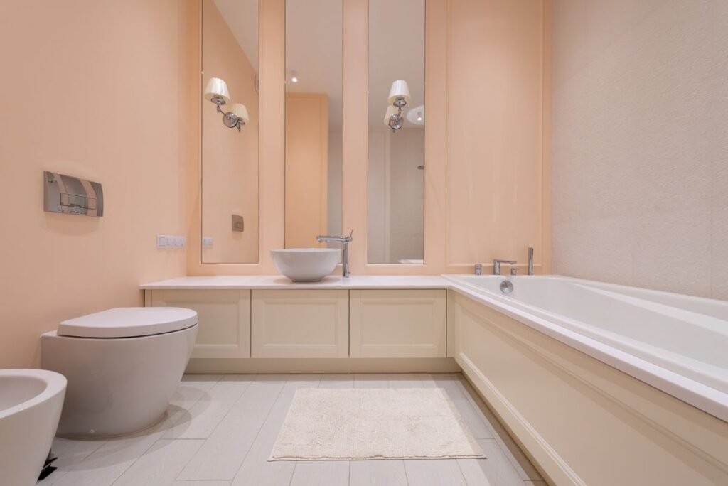 Neutral beige bathroom with mirror