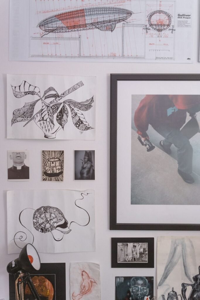 Living room gallery wall with framed artwork