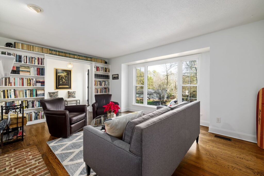 Living room with built-in shelves and decor