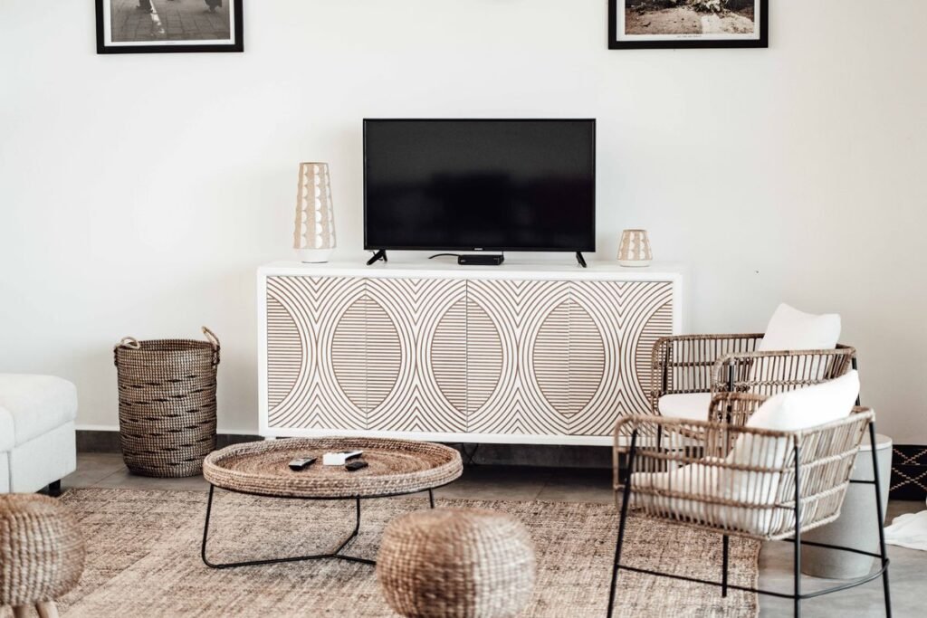 Living room with woven basket and rattan decor