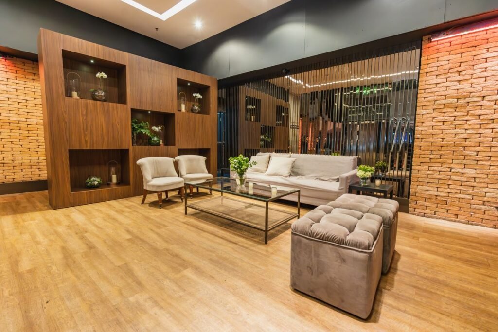 Organic modern living room with wood and plants