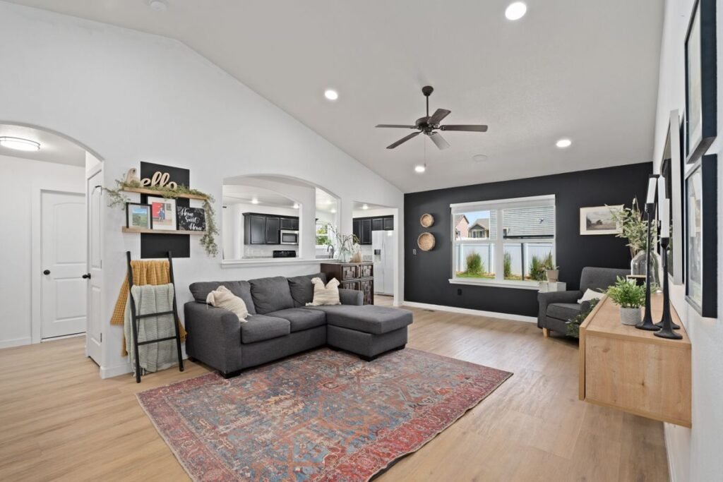 Living room with a large area rug