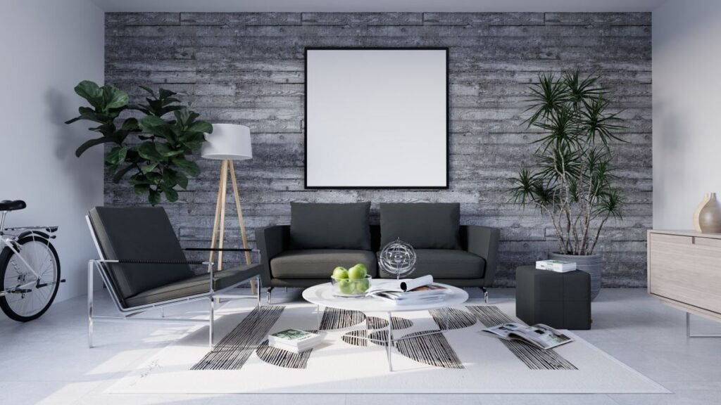 Modern living room with natural wood accents