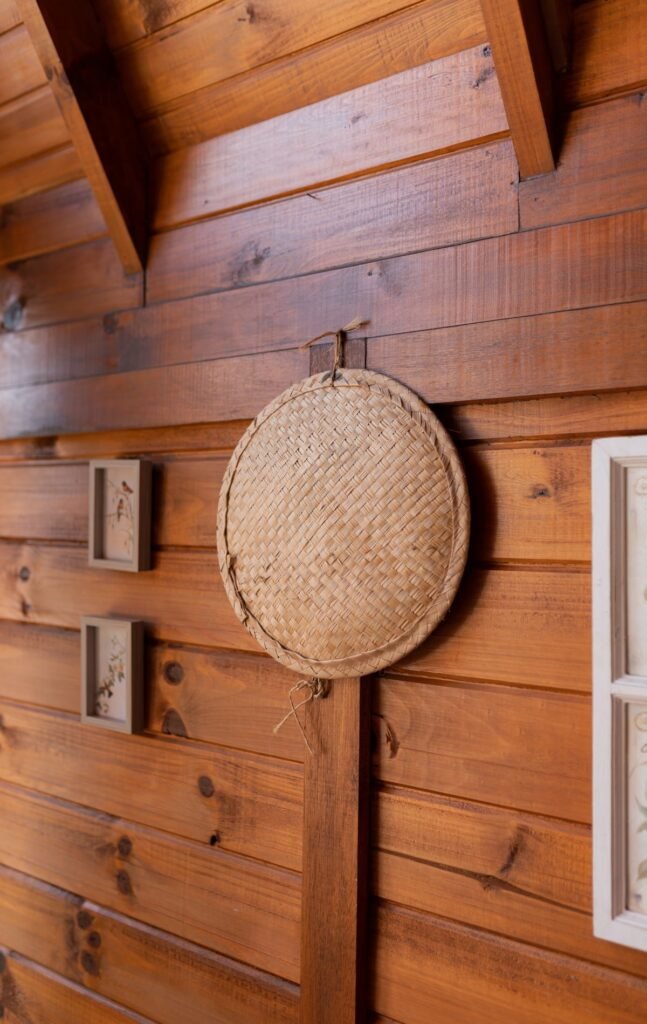 woven wall decor in a living room