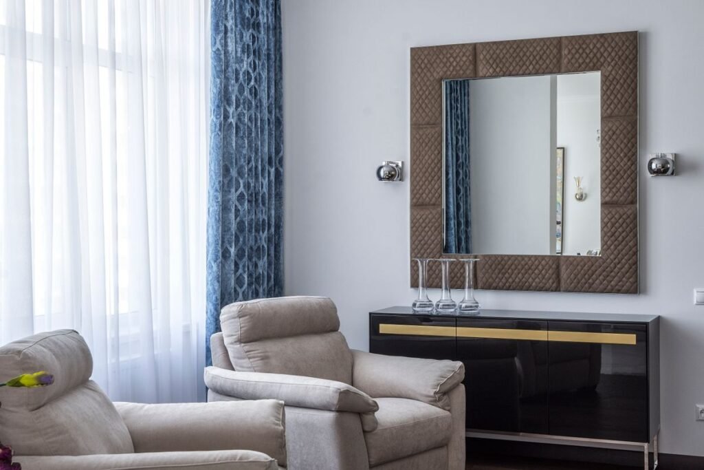 Modern living room with a large mirror