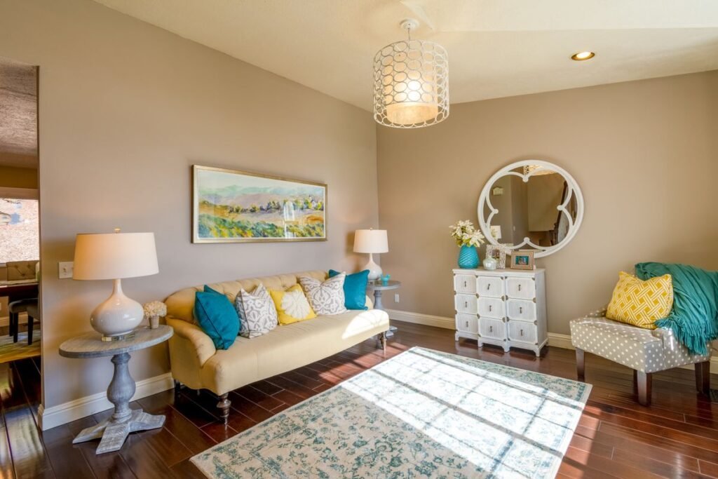 Colorful living room with bright decor