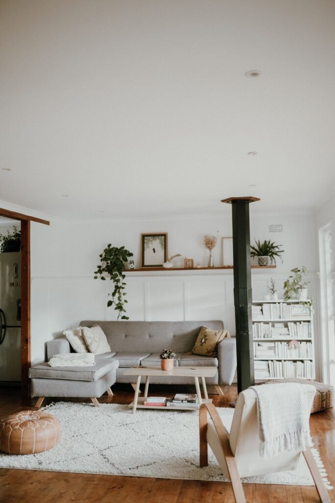 Cozy neutral living room with beige sofa and warm textures