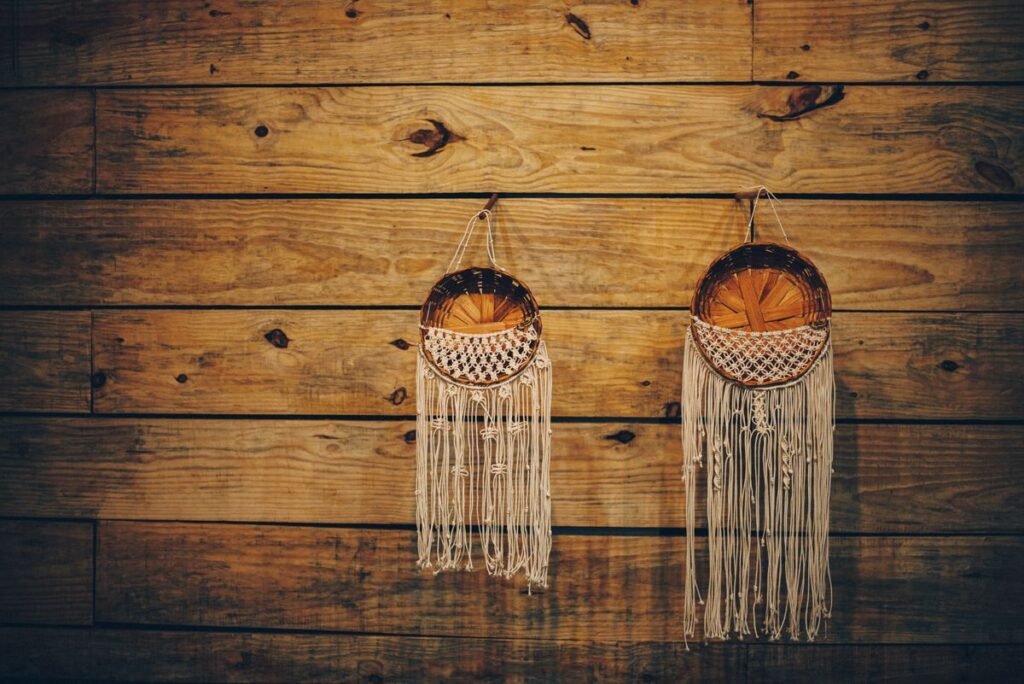 woven baskets on a living room wall